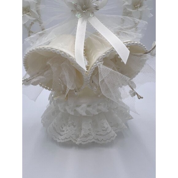 Vintage Ivory Lace Heart Shaped with Wedding Bells Tulle Flowers Cake Topper - Picture 5 of 13